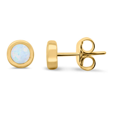 Solitaire Bezel Stud Earrings Round Yellow Tone, Lab Created White Opal 925 Sterling Silver(0.25mm)
